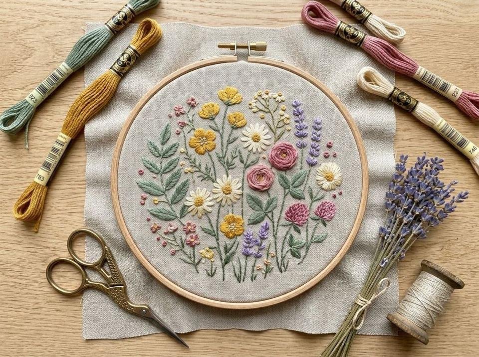 Wildflower botanical hand embroidery hoop with colorful threads and vintage scissors