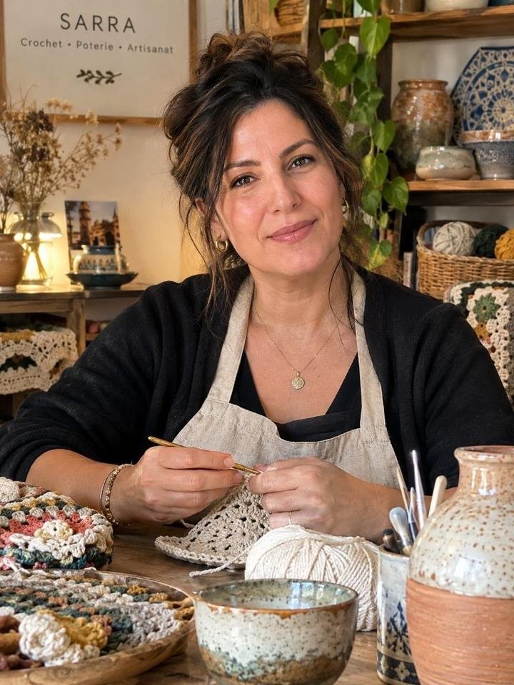 Sara in her artisan studio with handmade crochet work and pottery ceramics