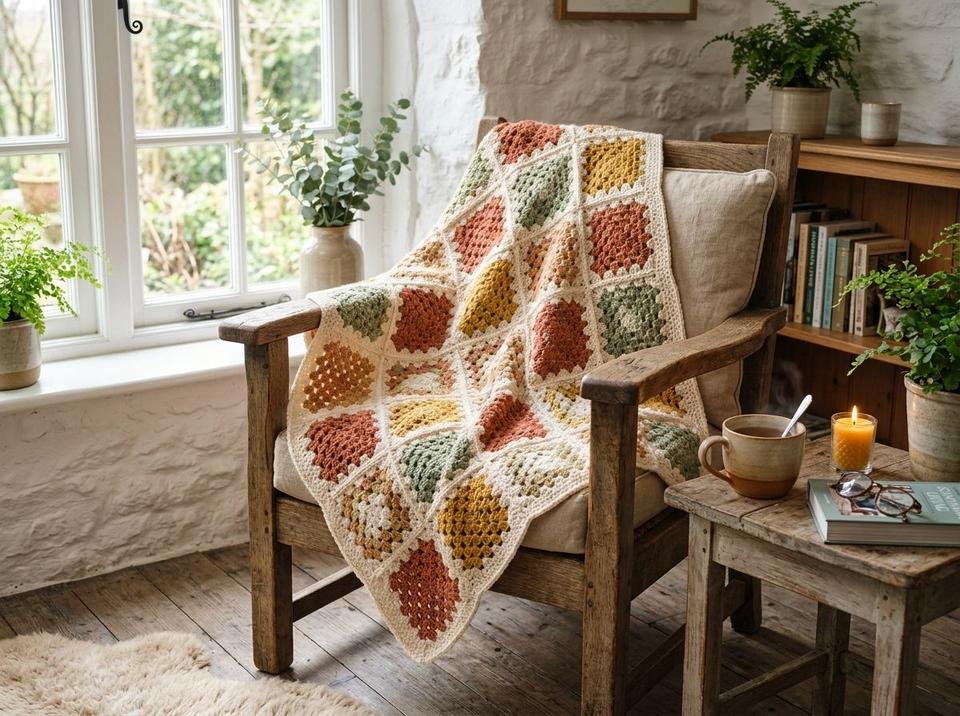 Handmade cozy crochet granny square throw blanket in terracotta, cream, sage, and mustard on wooden armchair