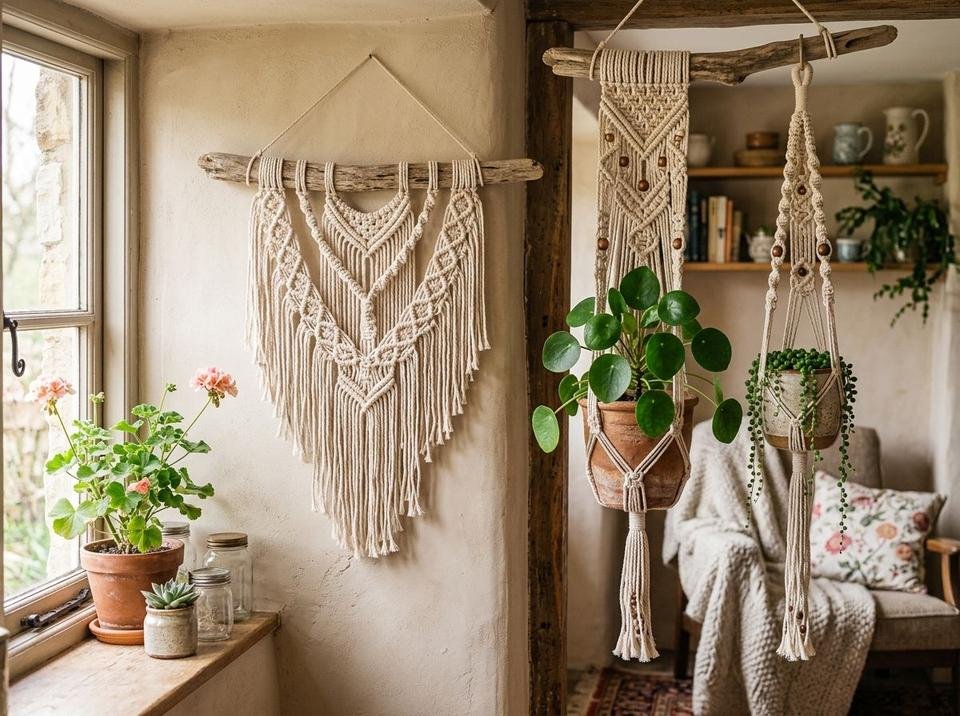 Fiber arts hub, bohemian macrame plant hangers and wall hanging