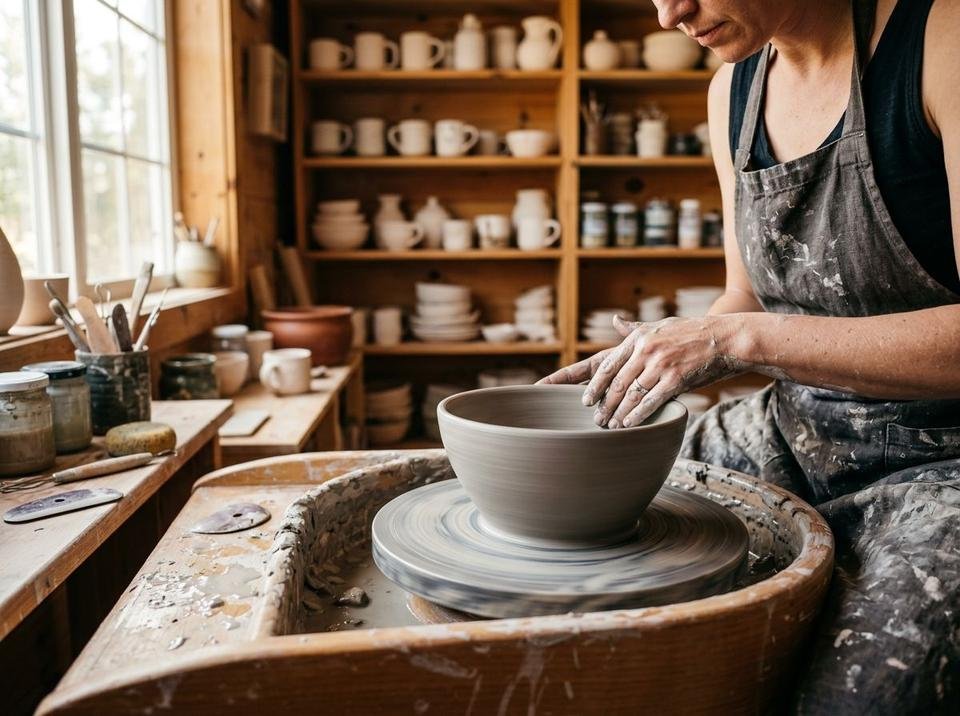 Wheel throwing ceramics centering clay on wheel