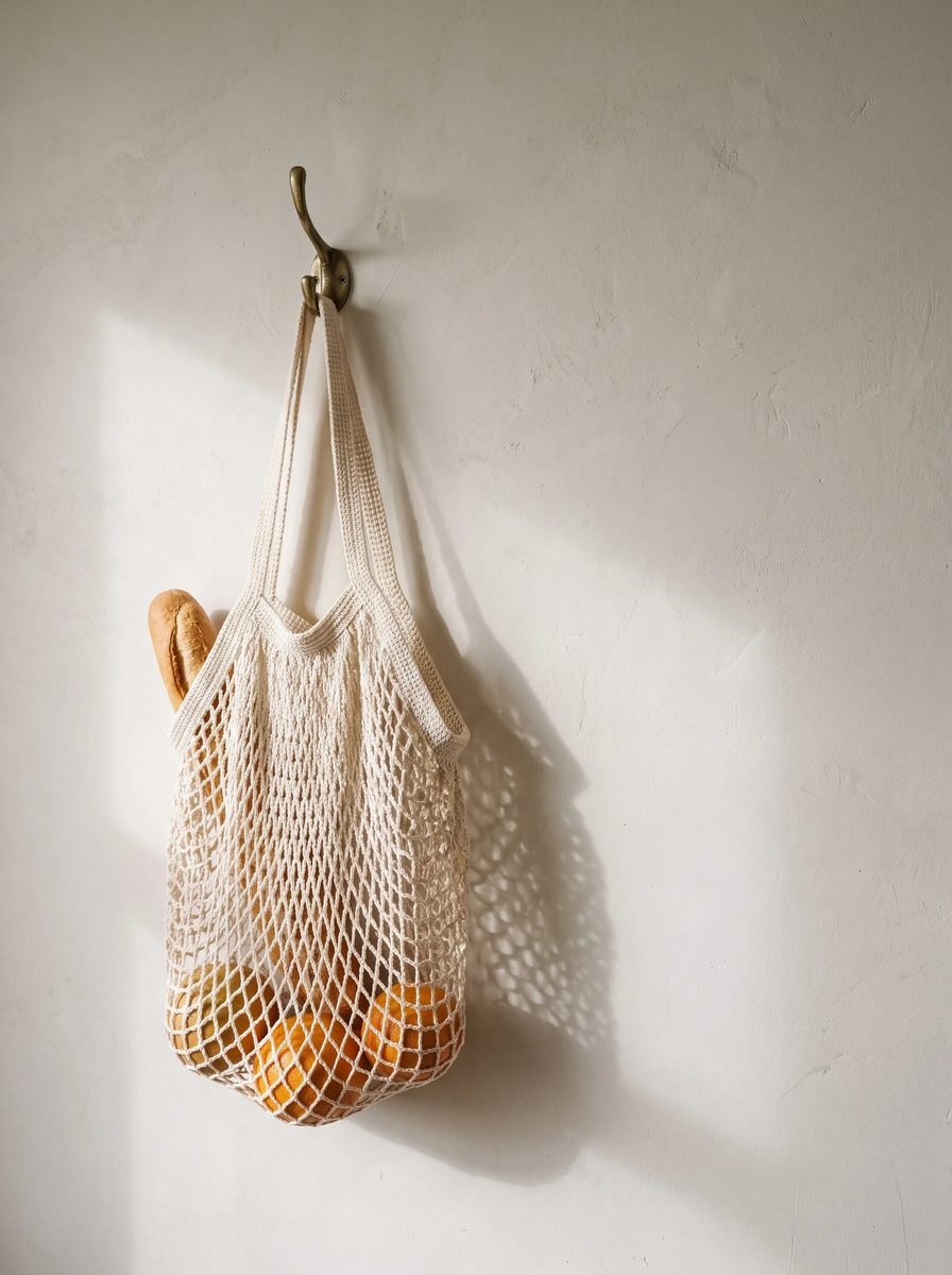 Natural cotton crochet mesh market bag holding a baguette and oranges hanging from a brass hook on a sunlit plaster wall