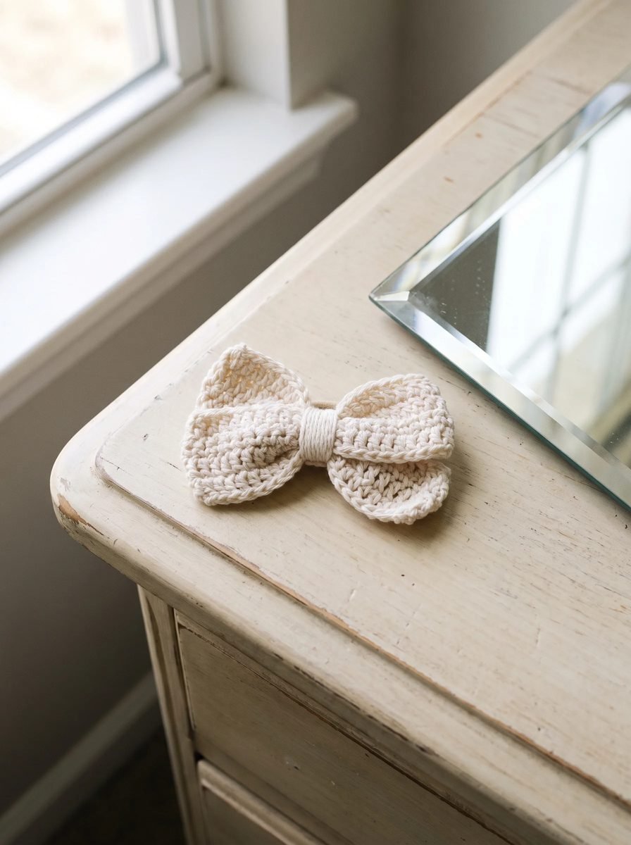 Ivory crochet bow with a wrapped center resting on the corner of a cream painted dresser beside a mirror