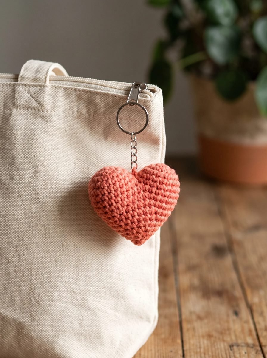 Coral crochet heart keychain hanging from a silver ring and chain clipped to the zipper of a canvas tote bag