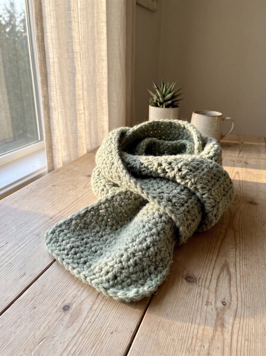 Thick sage green crochet scarf looped and knotted on a sunlit wooden table with a succulent and a stoneware mug
