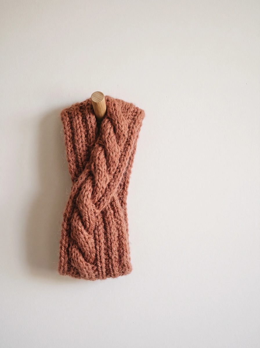 Terracotta cable and rib headband hanging from a wooden peg on a plain white wall