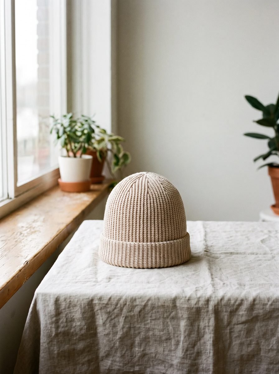 Taupe ribbed crochet beanie with a folded cuff on a linen-covered table in front of a window with potted plants