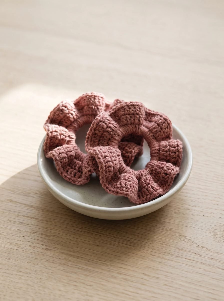 Two dusty rose ruffled crochet scrunchies resting in a small stoneware bowl on a light oak table