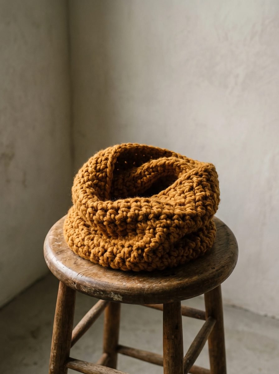 Chunky mustard crochet infinity cowl coiled on top of a worn wooden stool against a bare plaster wall