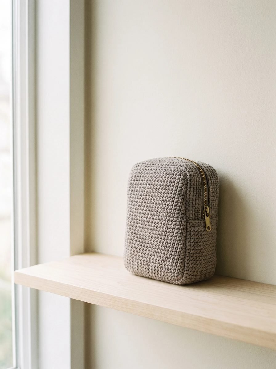 Taupe crochet zip pouch with a brass zipper standing upright on a pale wooden shelf by a window
