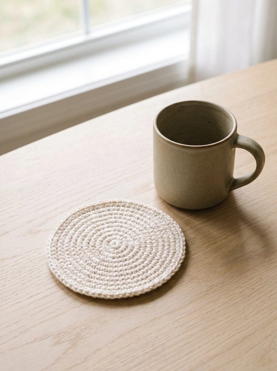 Round ivory spiral crochet coaster next to a stoneware mug on a light oak table by a window