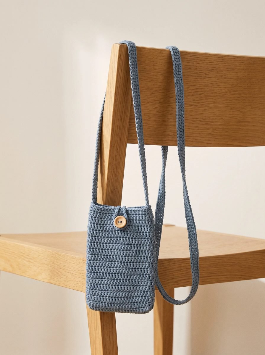 Dusty blue crochet crossbody phone bag with a wooden button closure and long strap hanging on the back of a wooden chair