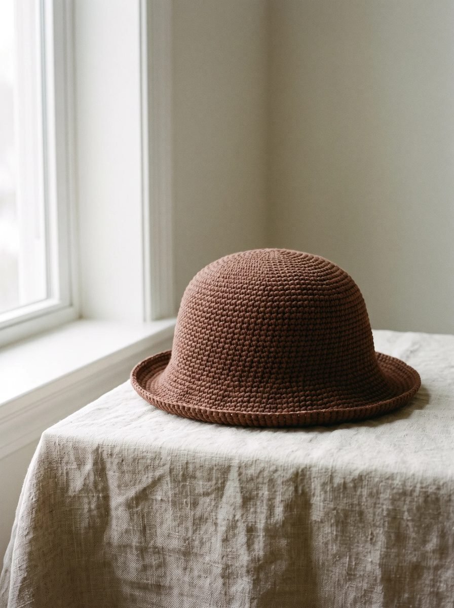 Cocoa brown crochet bucket hat with a rounded crown and turned brim on a linen-covered table by a window