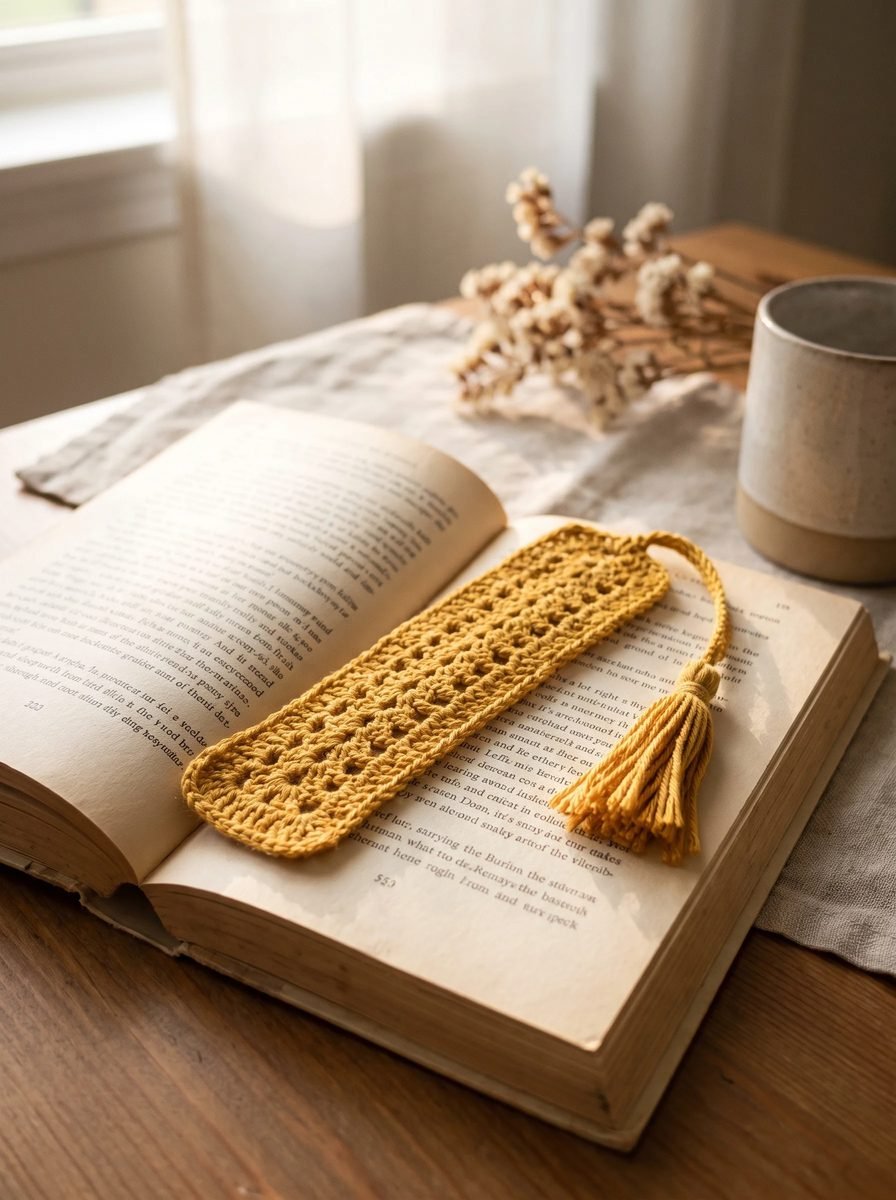 Mustard crochet bookmark with an openwork center and a tassel on a twisted cord lying across an open book