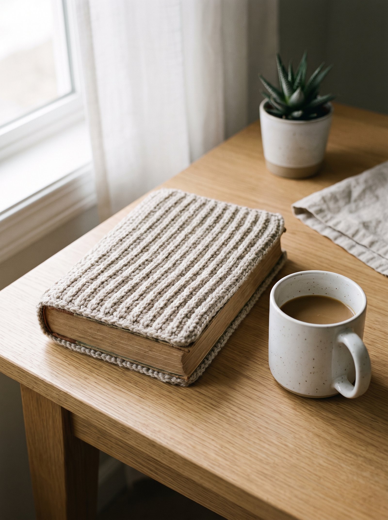 A vintage hardcover novel wrapped in a textured oatmeal ribbed crochet book cover, resting on an oak desk with soft morning window light