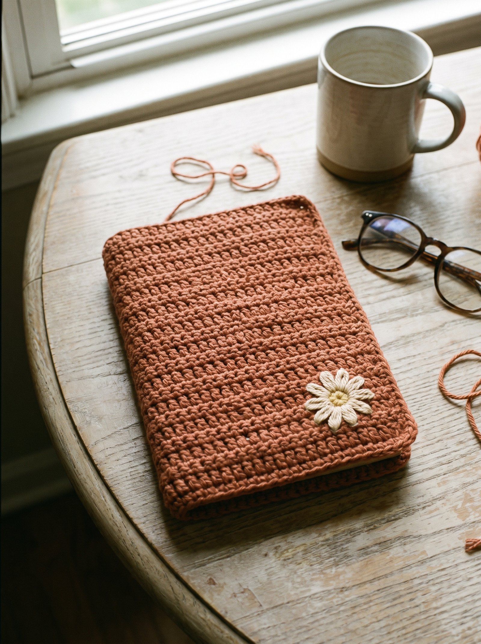 A warm terracotta crochet book jacket accented with subtle daisy motifs at the corner, resting on an ash wood table