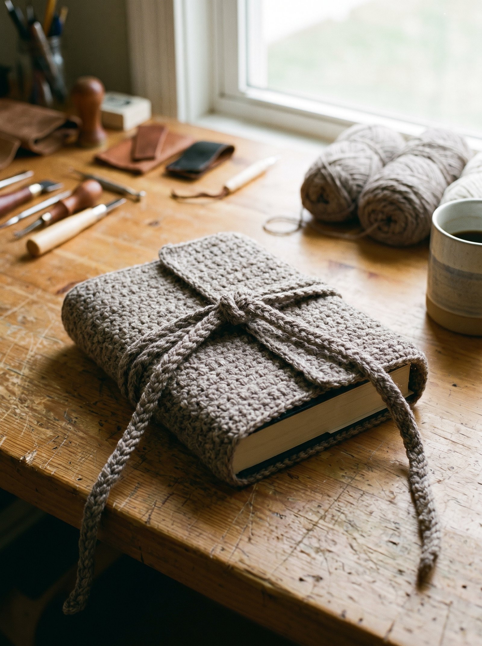 A flexible taupe crochet book cover with a long braided yarn tie wrapped twice around the book on a workbench