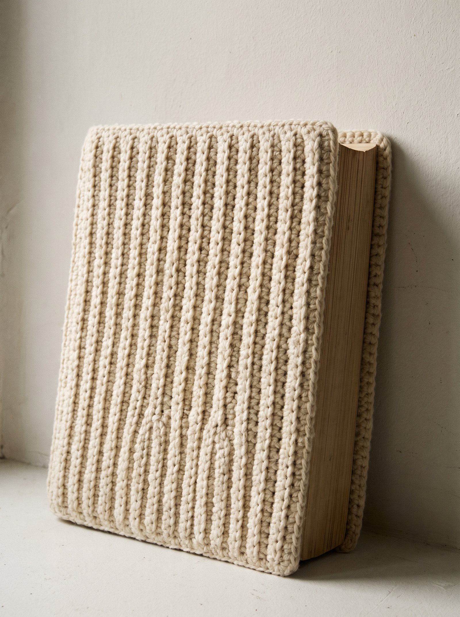 A structured, thick cream crochet jacket for a large reference book on an antique study table