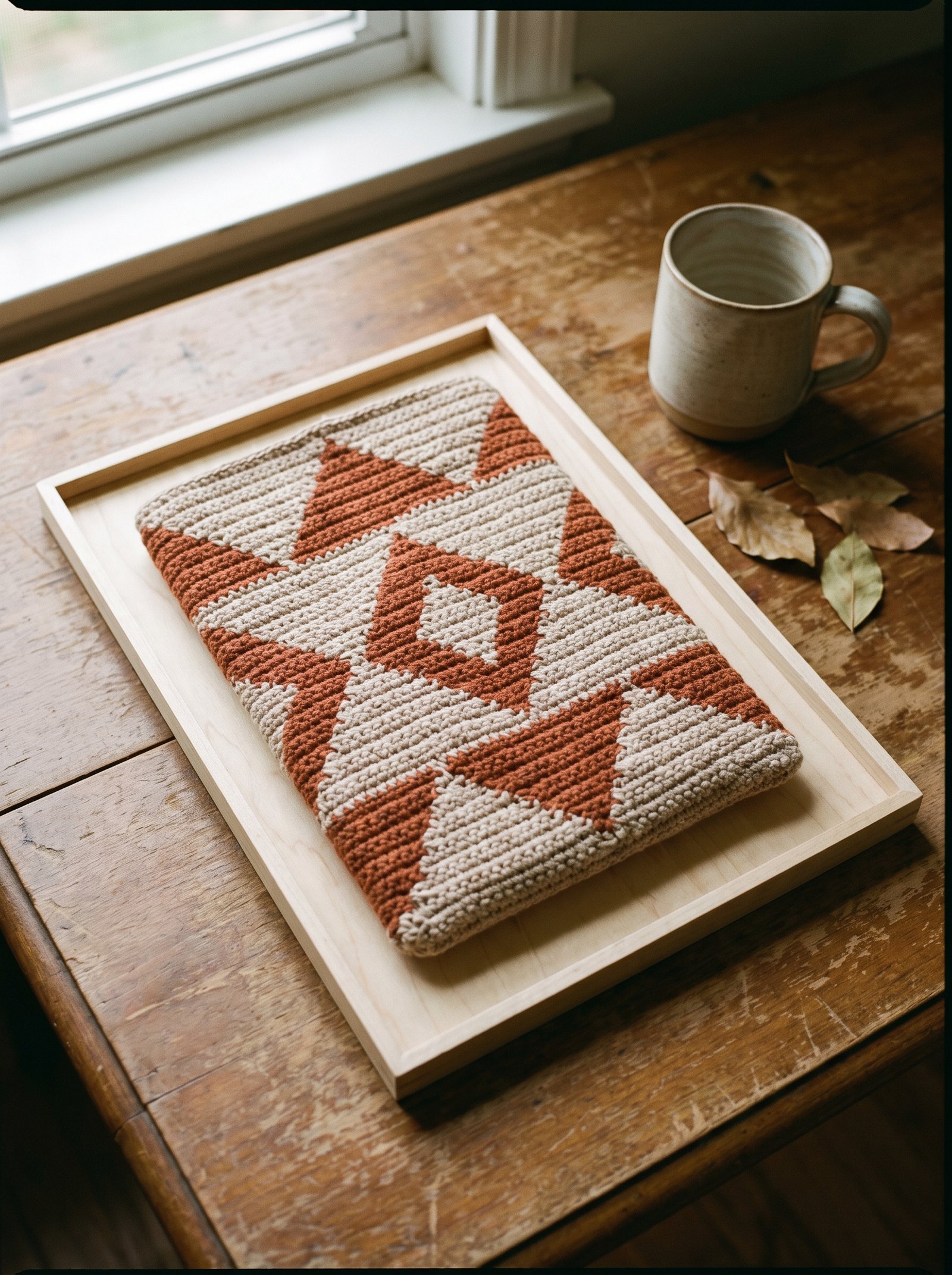 A graphic beige and terracotta tapestry crochet book pouch with clean Scandinavian lines, resting on a birch tray