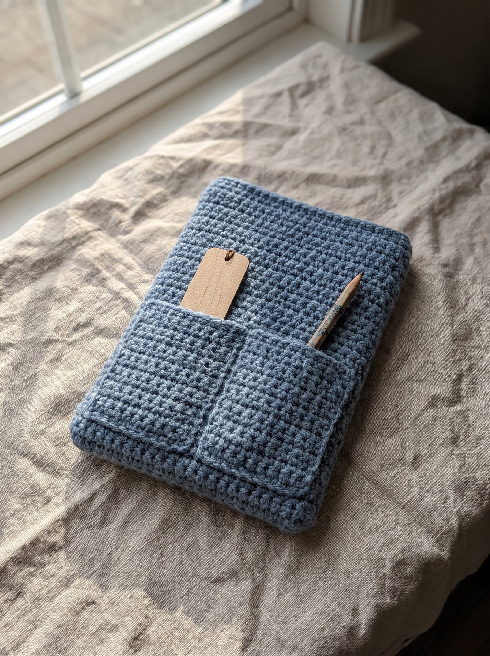 A dusty blue crochet book sleeve with twin front slip pockets holding a wooden bookmark and pencil on wrinkled linen
