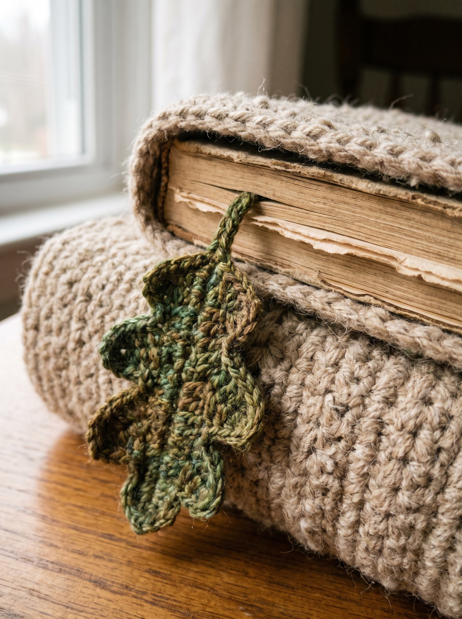 A warm sand-toned textured crochet cover with an attached crochet leaf bookmark draping down the pages
