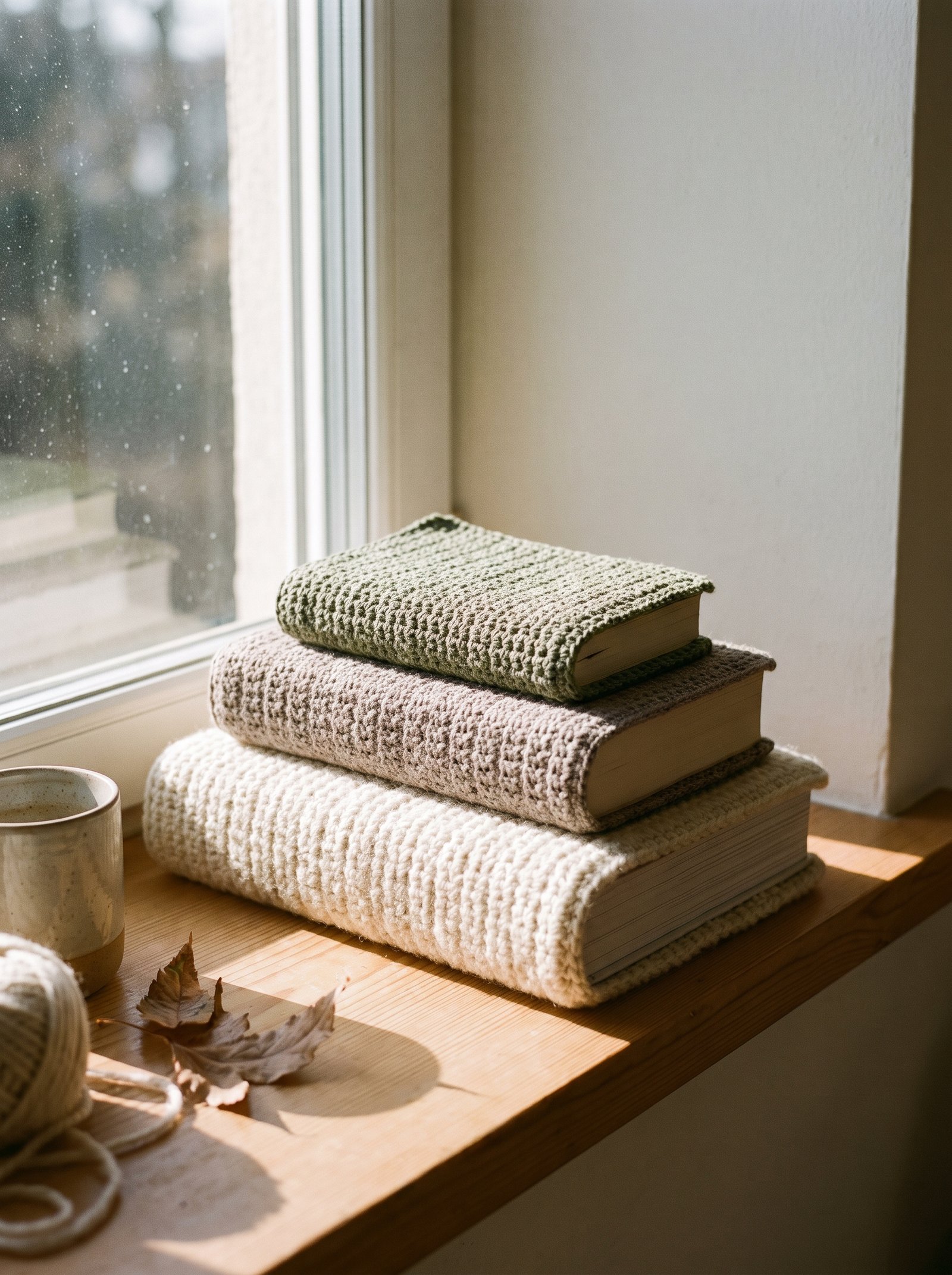 Three differently sized books wrapped in coordinated neutral crochet covers in cream, taupe, and sage stacked on a windowsill