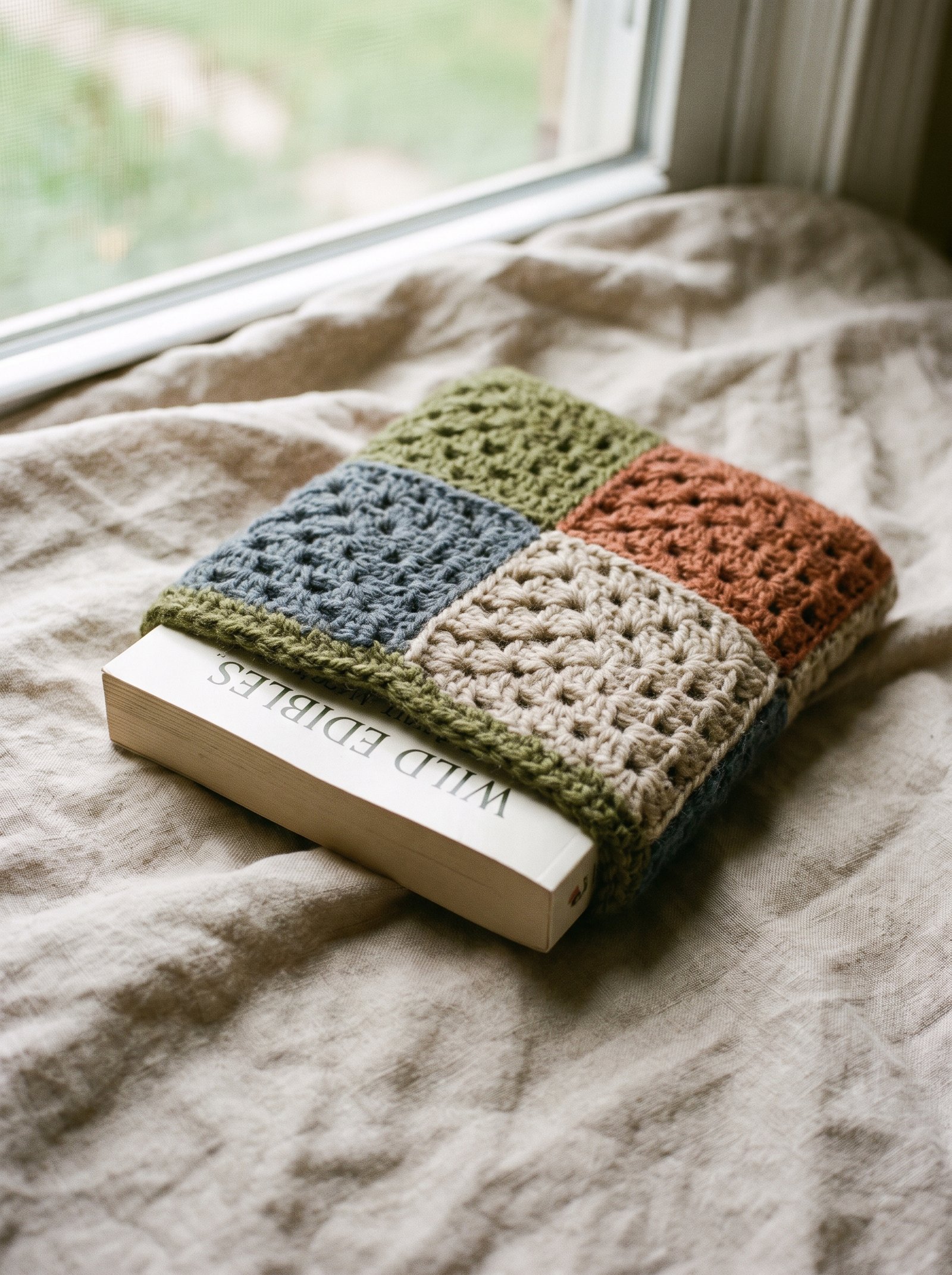 A paperback book tucked inside a snug sleeve made of four muted earth-tone granny squares on raw linen