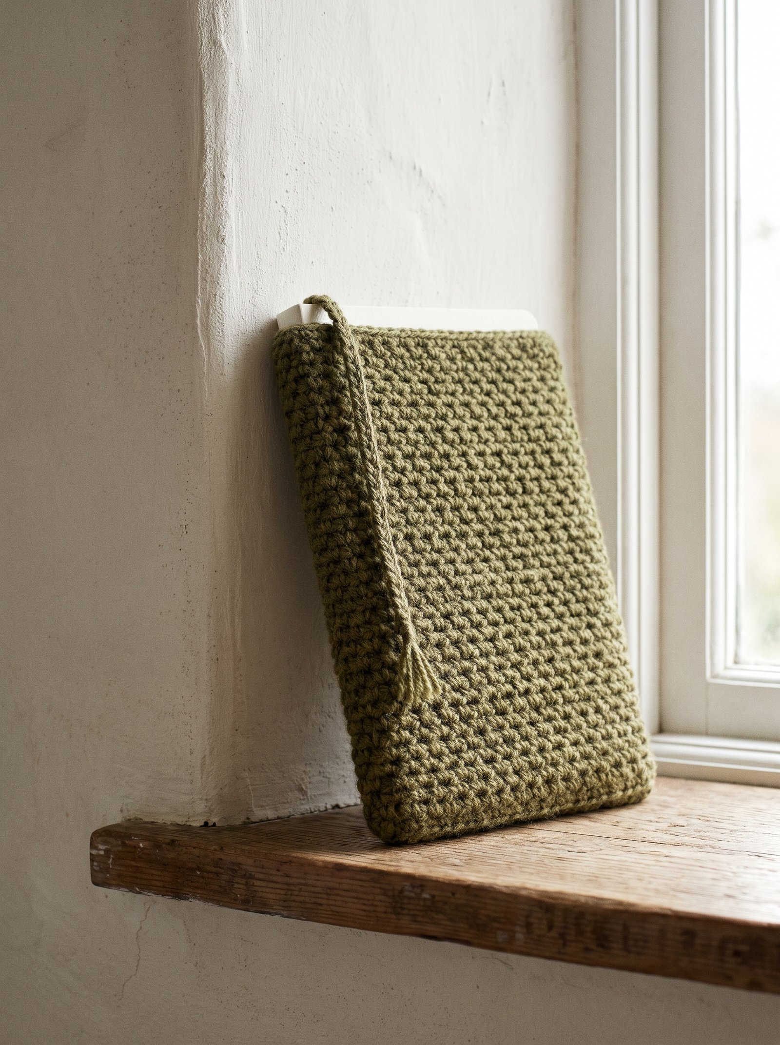 A slim notebook fitted with an olive green moss stitch crochet sleeve with an integrated bookmark ribbon, set against an off-white wall
