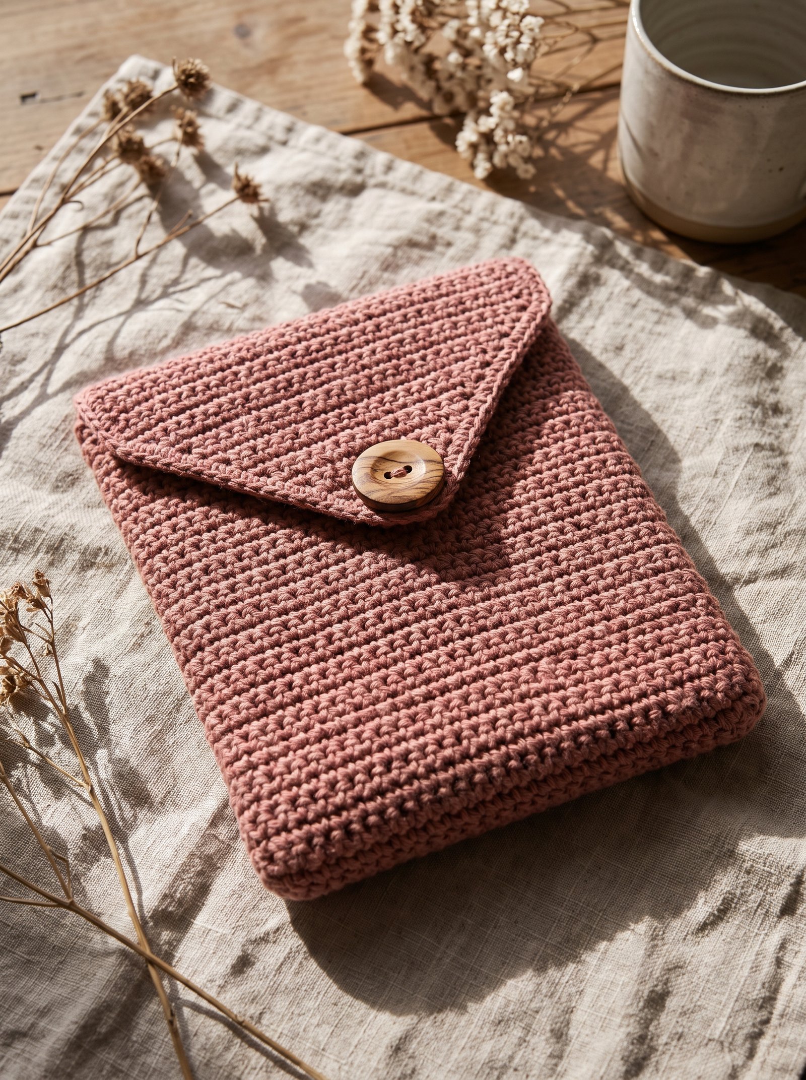 A dusty rose crochet book pouch with a wooden olivewood button closure on a light plaster surface