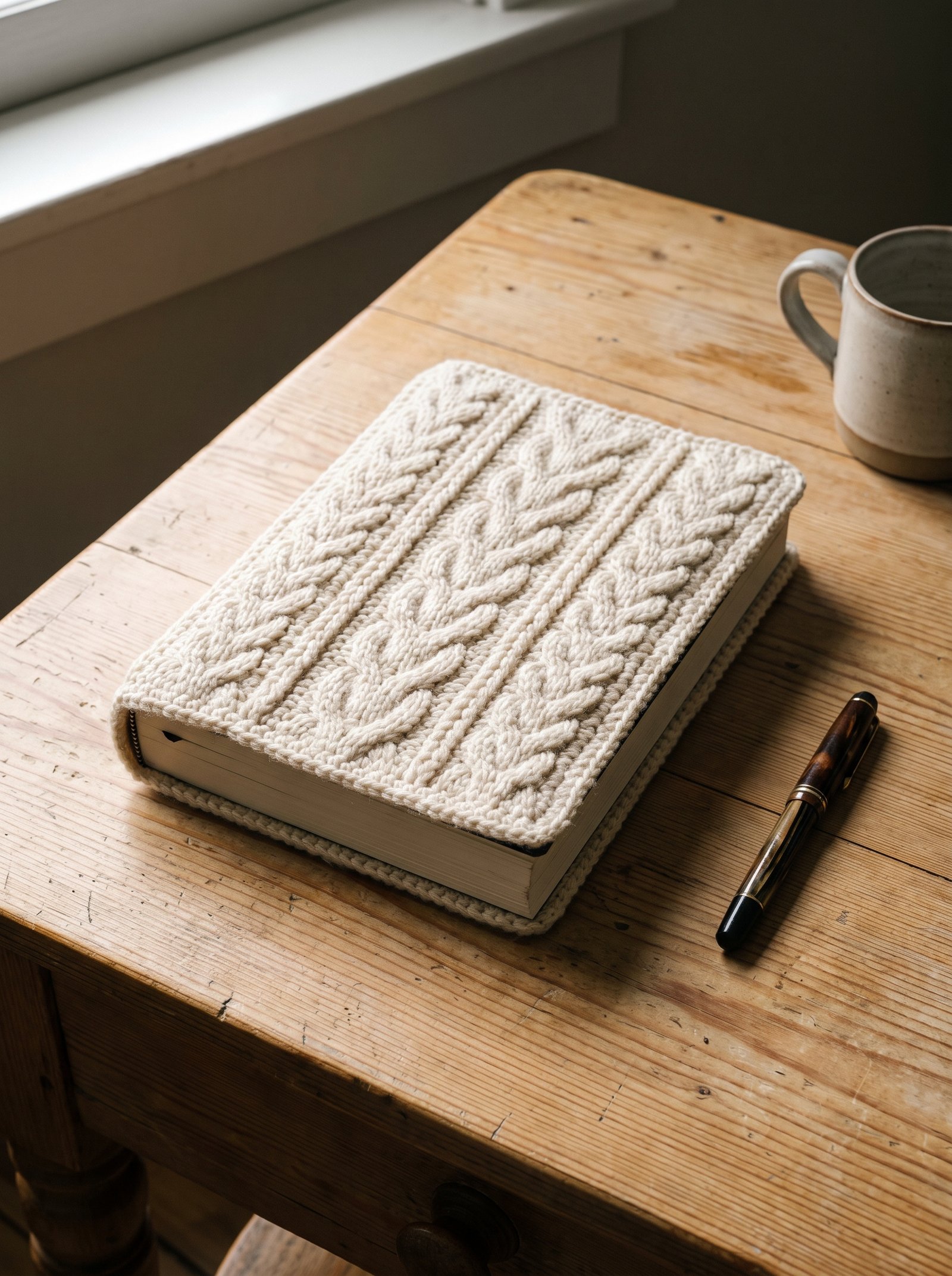 An ornate cream-colored cable-stitch crochet jacket fitted tightly around a thick journal, resting on an antique wooden desk
