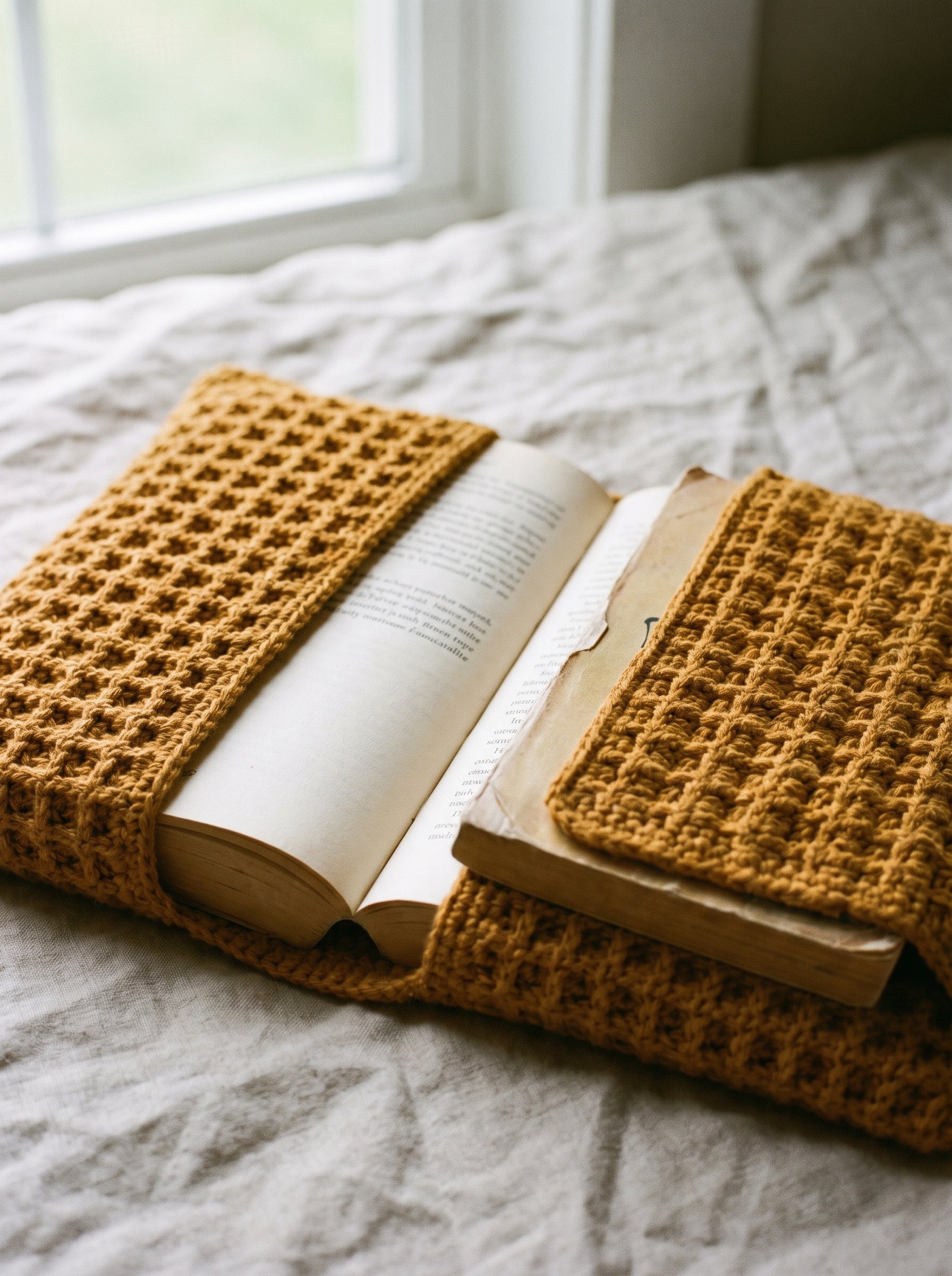 A textured mustard and oatmeal waffle-stitch crochet book wrap lying open next to a ceramic coffee mug