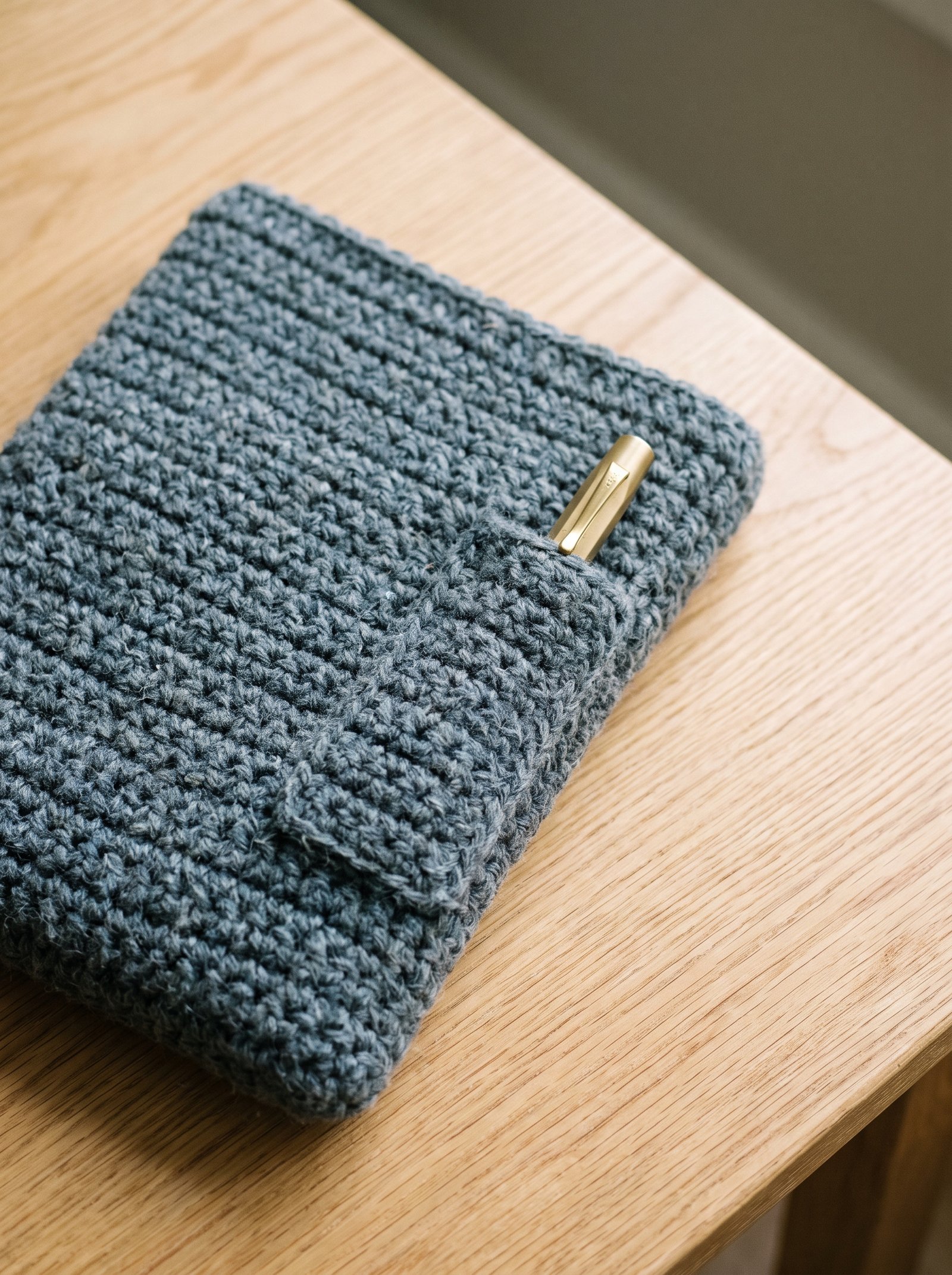 A slate grey crochet book cover featuring a built-in vertical crochet sleeve holding a brass pen on an oak table