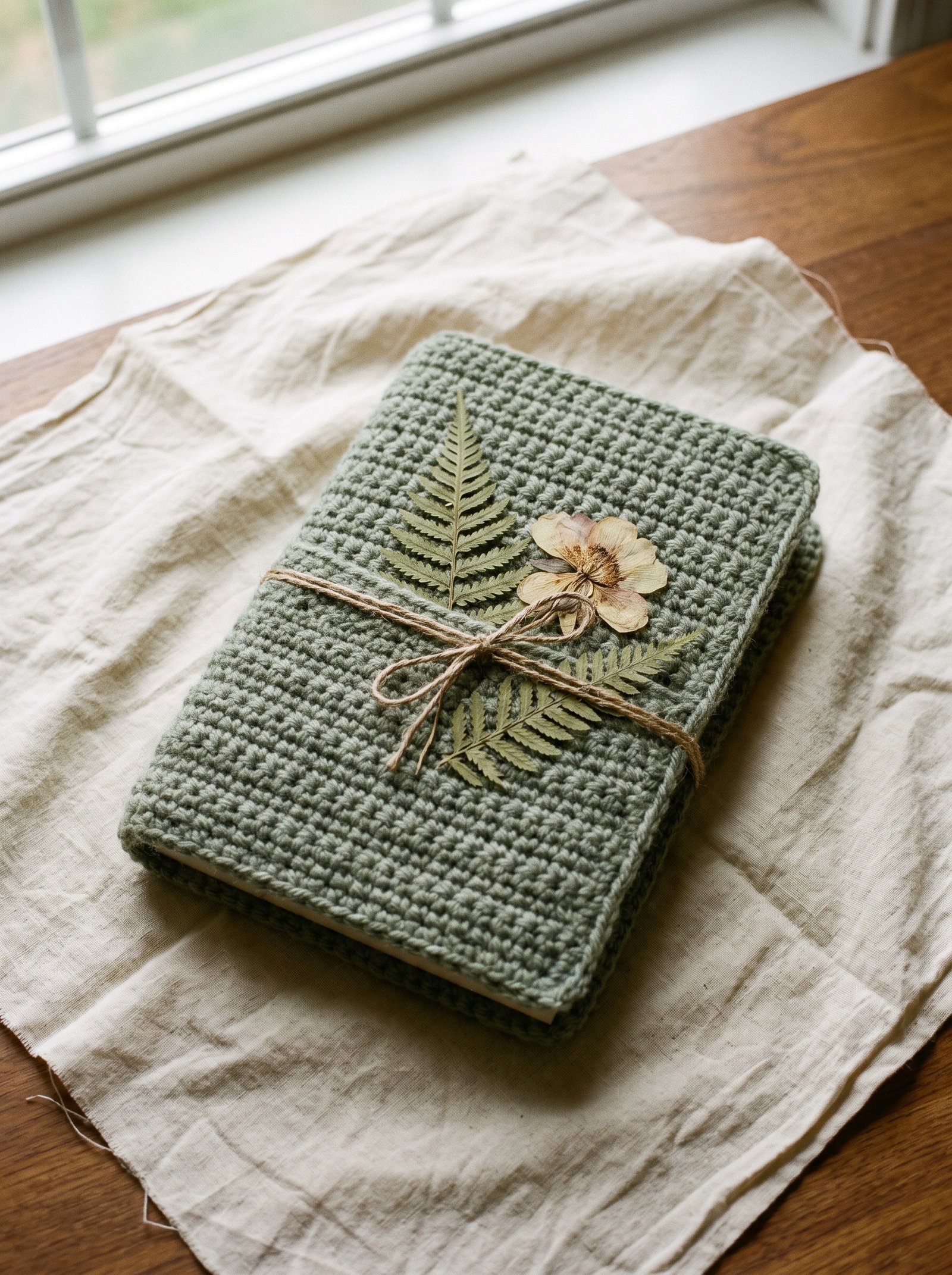 A sage green crochet book sleeve with a front slip pocket holding dried pressed flowers on an unbleached linen background