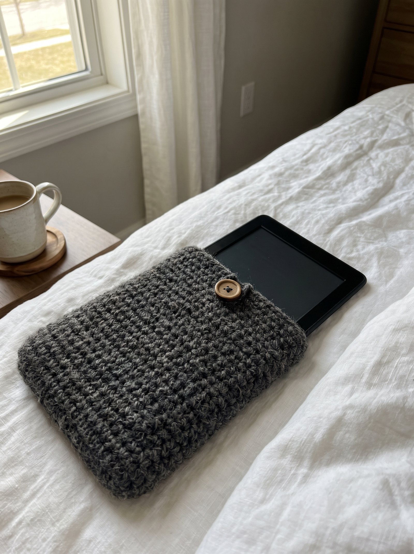 A minimalist charcoal wool-blend crochet sleeve sized for an e-reader, laying on a crumpled white linen duvet
