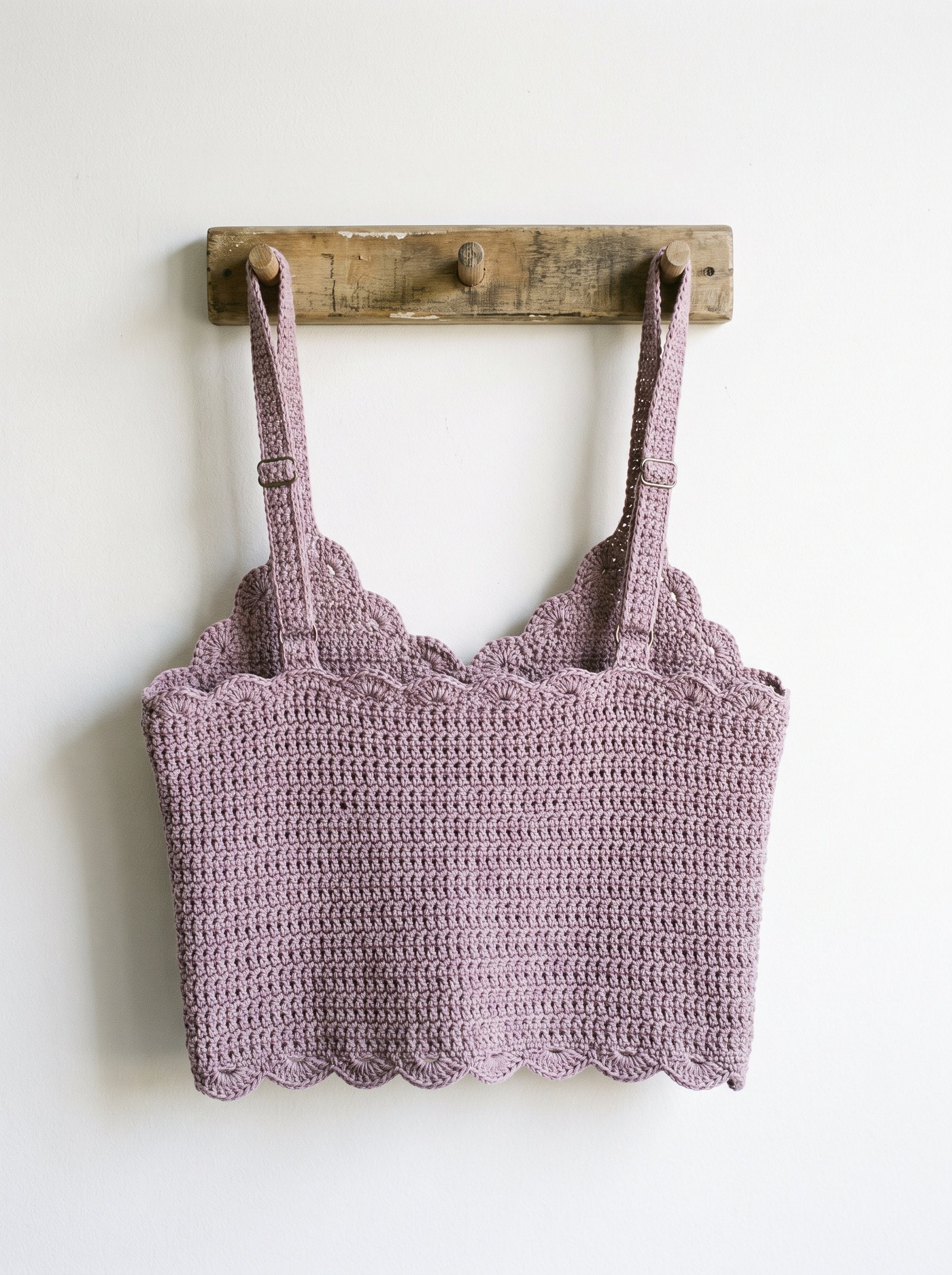 A romantic dusty mauve crochet camisole with sweetheart neckline and dainty picot trim hanging from a vintage wooden peg rack