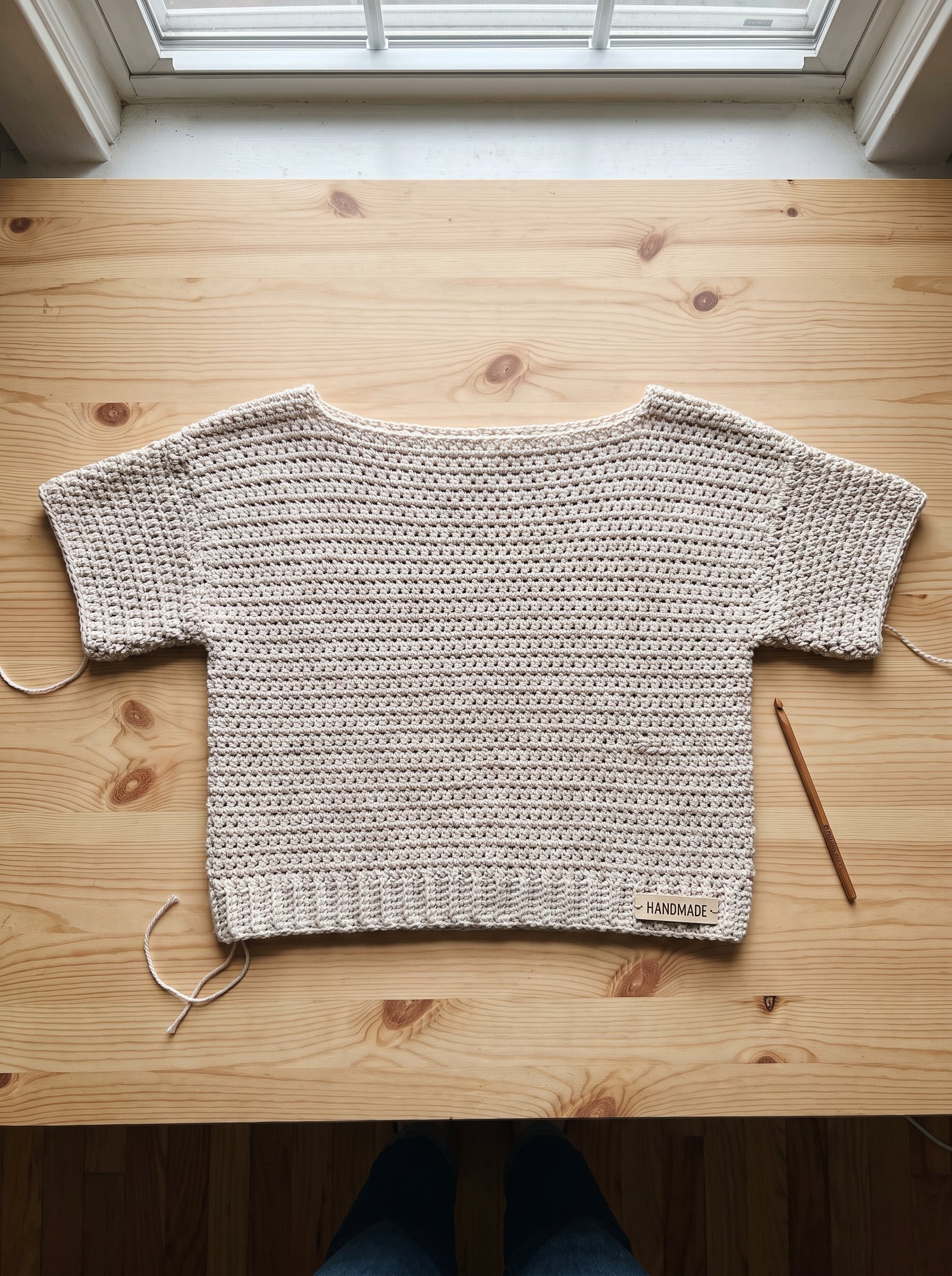 A minimalist boxy oatmeal crochet crop sweater tee with boatneck and short sleeves laid flat on a rustic pine table with maker tag