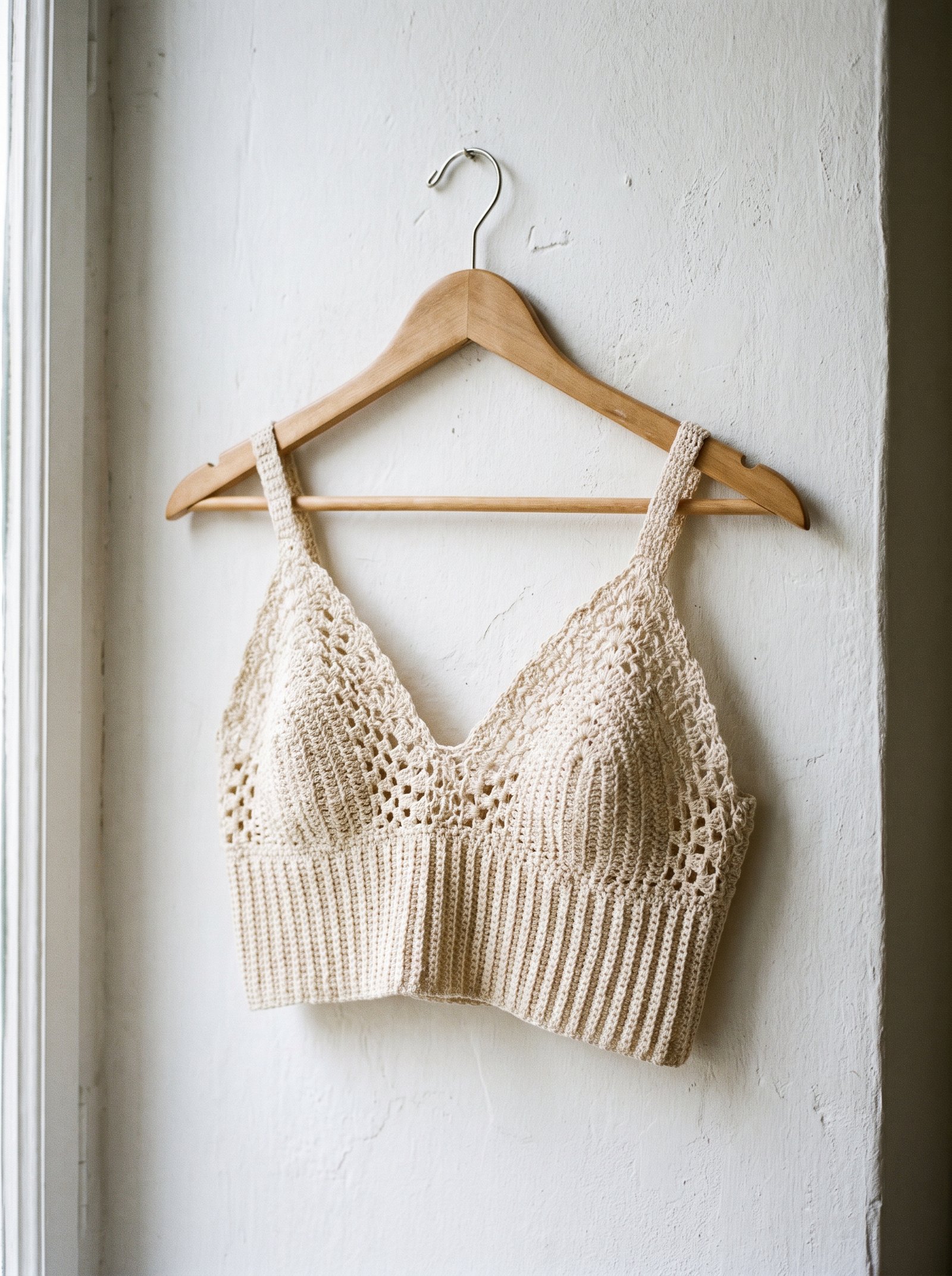 A delicate cream crochet bralette with open trellis cups and a wide ribbed underbust band hanging from an ash wood hanger in bright daylight