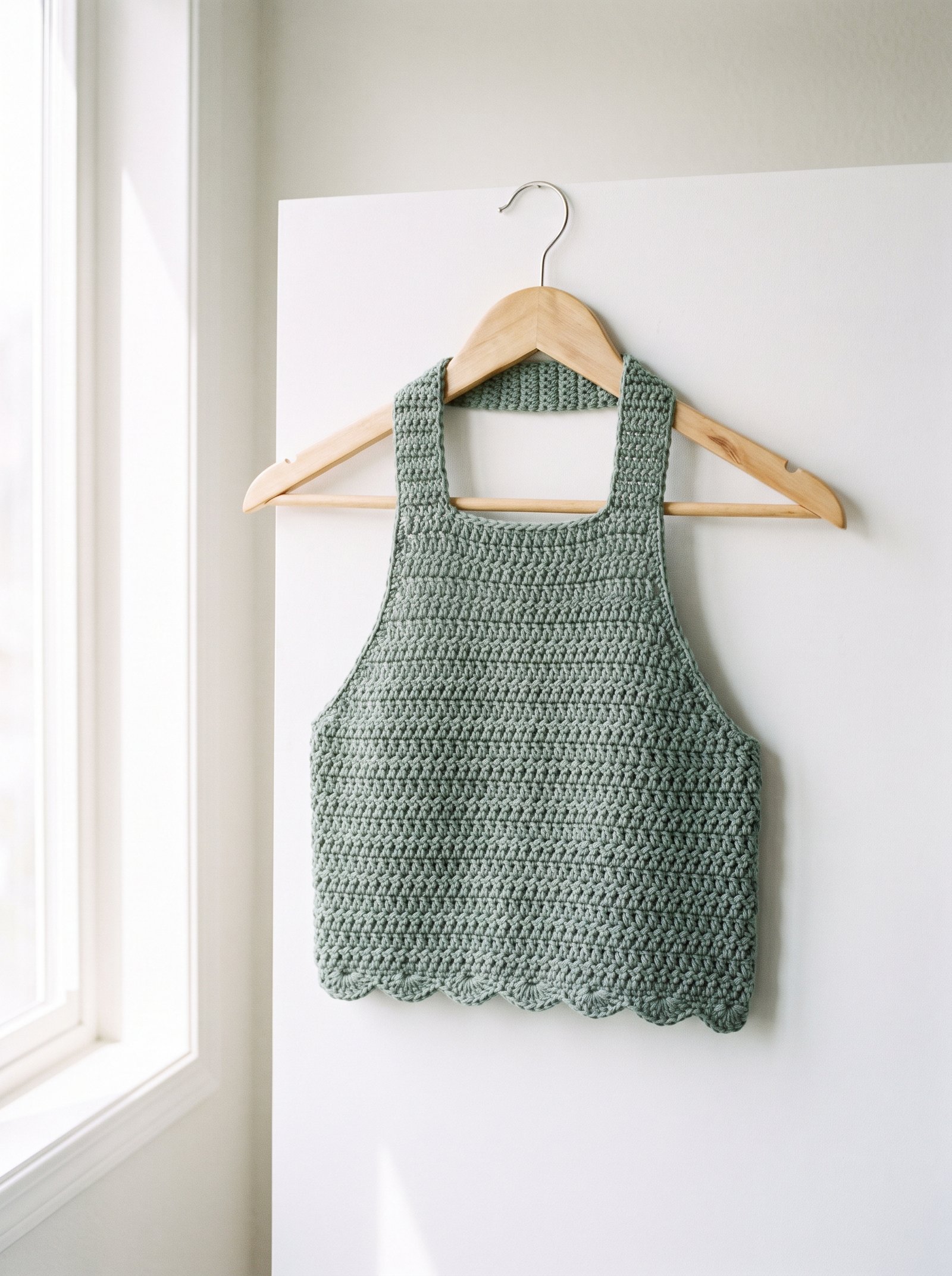 A sage green high-neck crochet halter crop top with delicate scalloped hemline hanging from a contoured wooden hanger in soft morning light