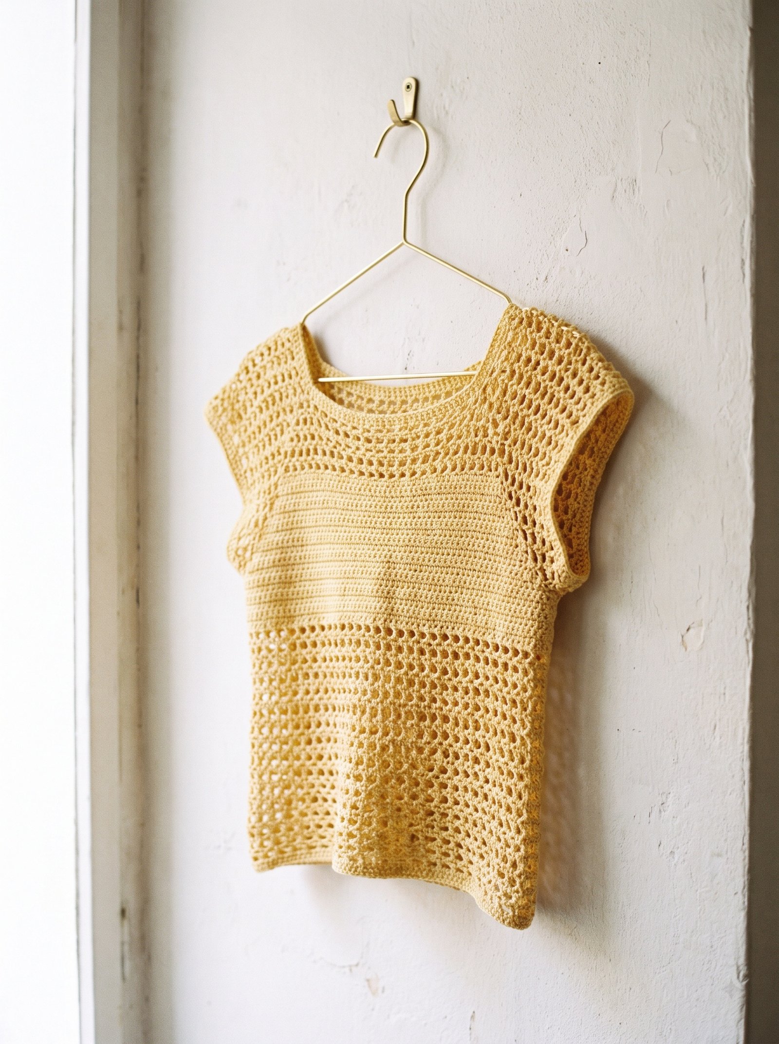 An oversized ochre yellow open mesh crochet crop top with boxy sleeves hanging on a delicate brass wire hanger against an off-white backdrop
