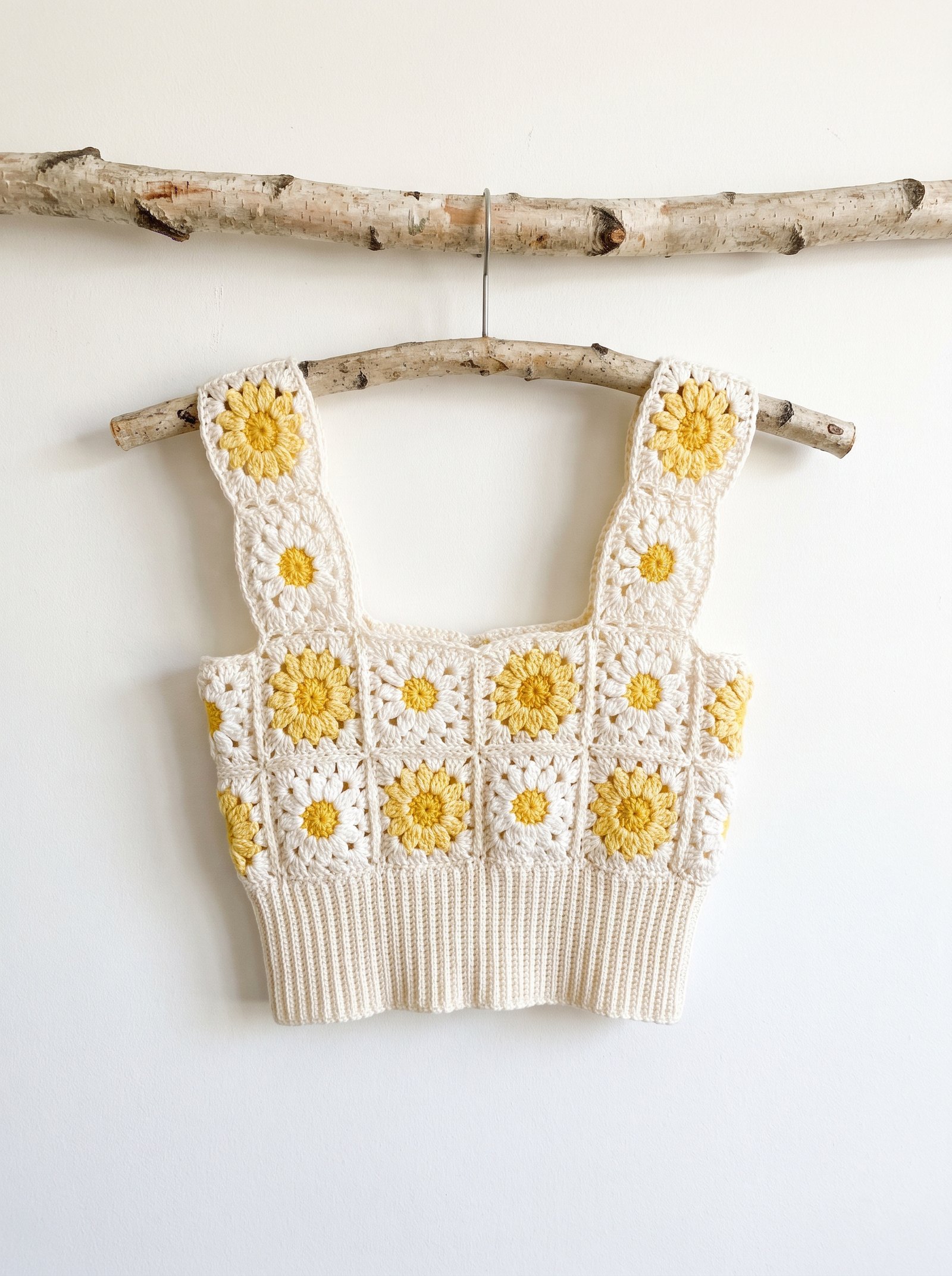 A cheerful daisy granny square crop top in cream and sunshine yellow with thick ribbed waistband hanging from a birch branch hanger