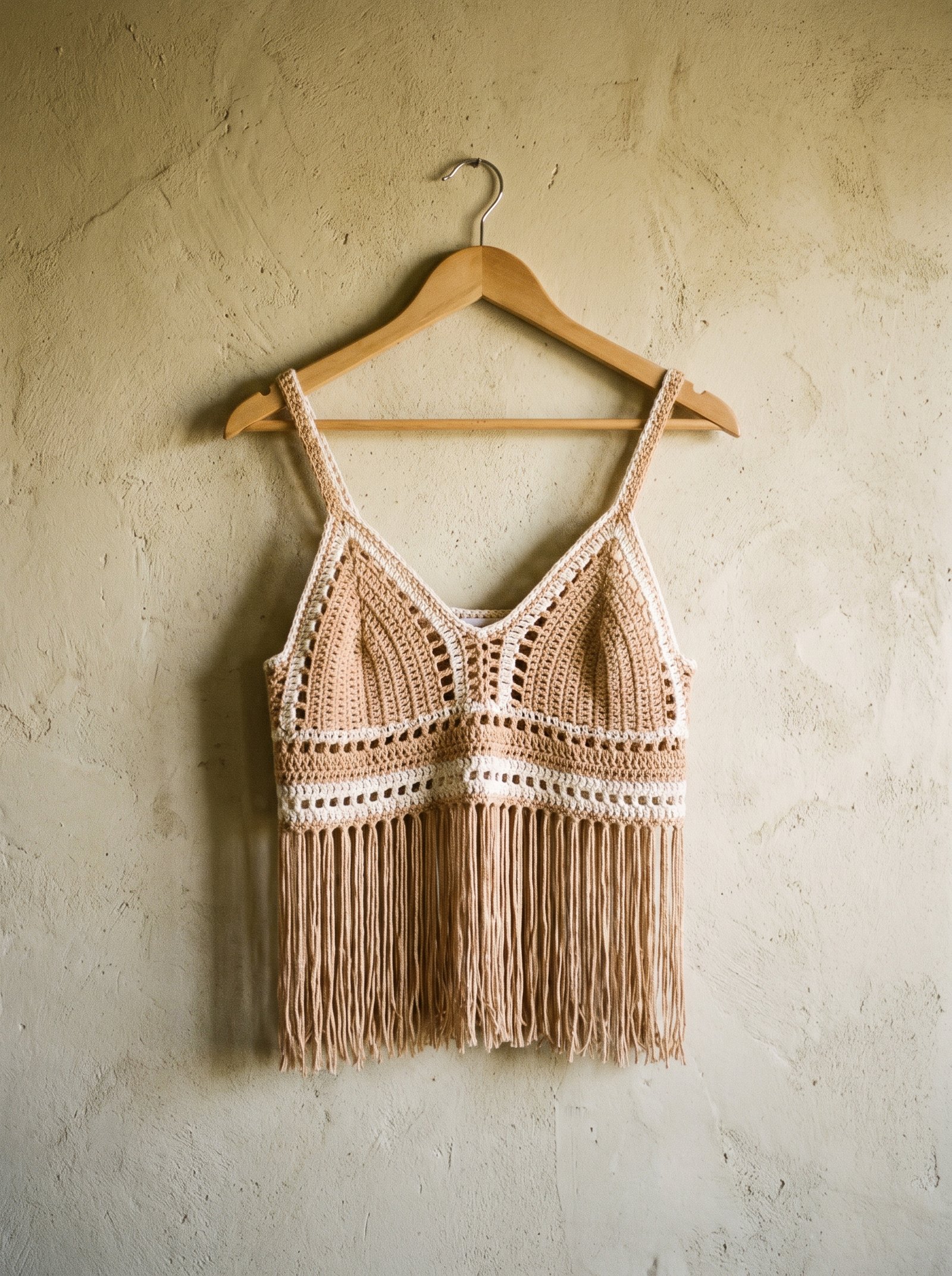 A festival camel tan crochet bralette with long flowing fringe along the pointed hem hanging from a natural wooden hanger in sunny daylight