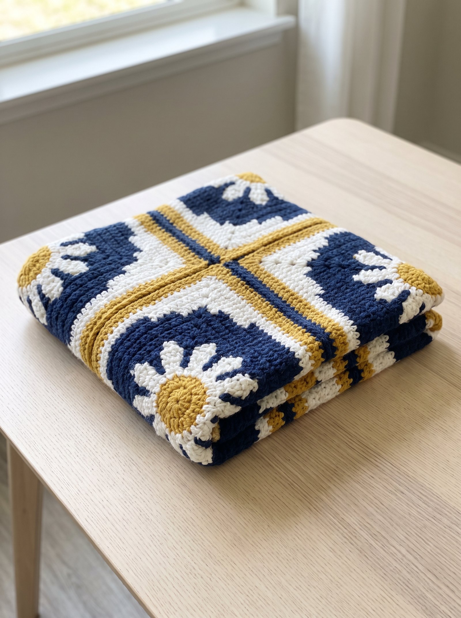 A bold modern crochet blanket folded in quarters displaying navy blue, warm mustard yellow, and crisp white daisy geometric granny squares