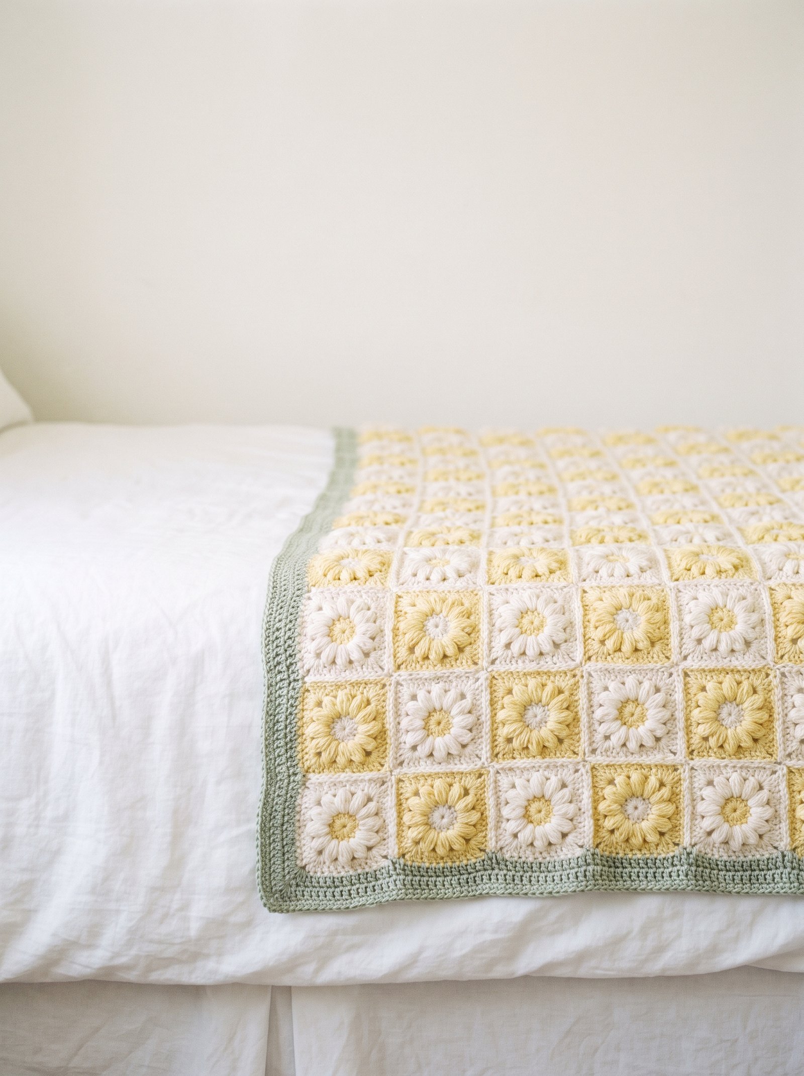 A sprawling crochet flower blanket with dimensional daisy puff stitches draped across a white linen bed in bright natural bedroom morning light