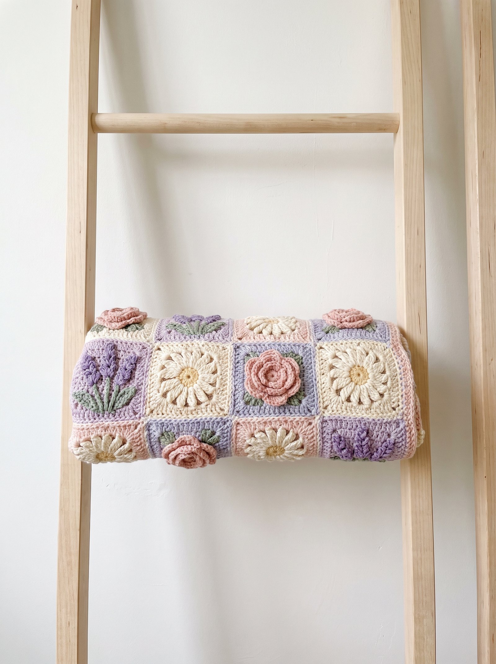 A richly textured botanical crochet sampler blanket featuring dimensional roses, daisies, and lavender sprigs displayed on a rustic birch ladder