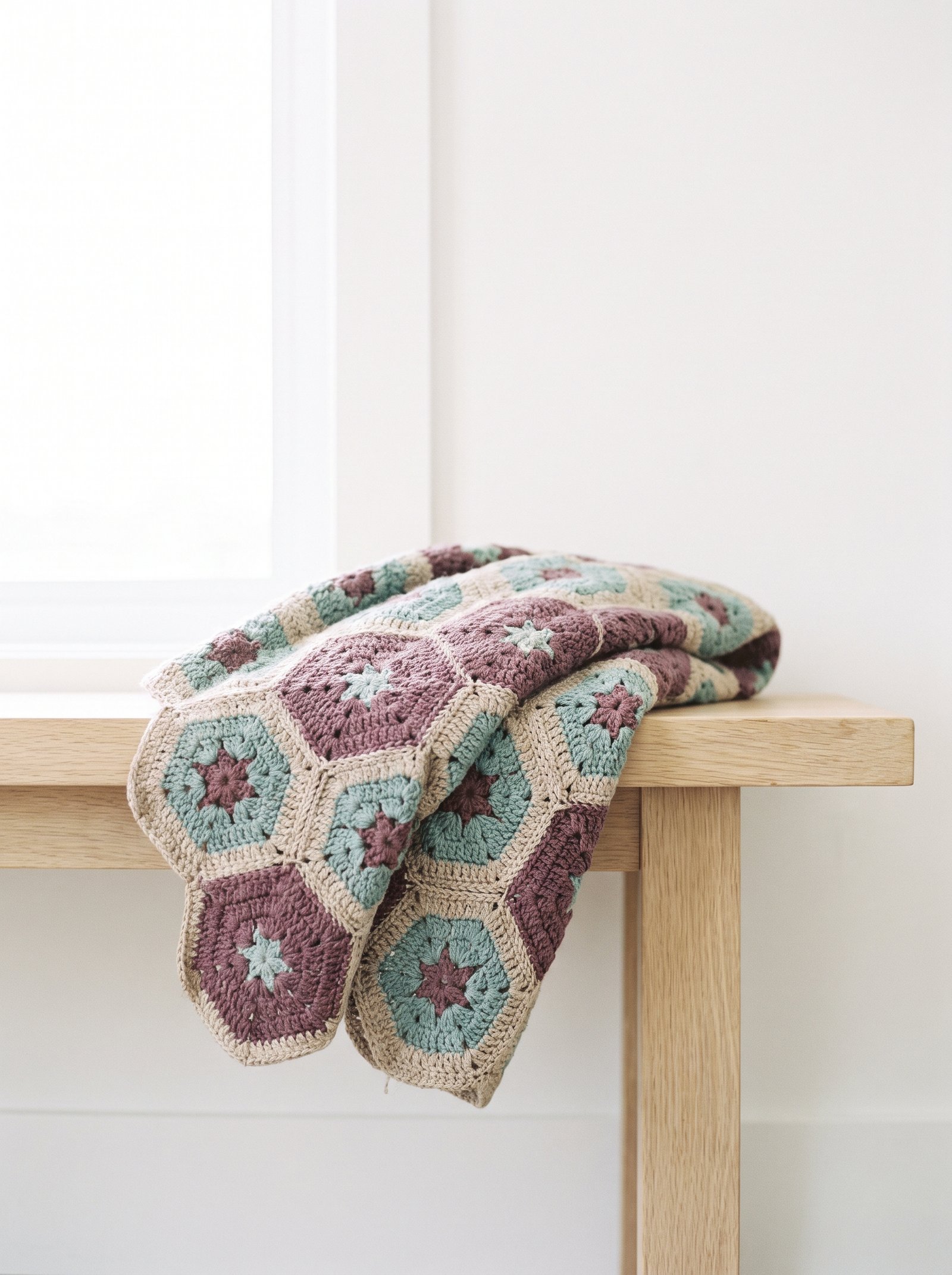 A colorful hexagonal African flower crochet blanket in deep plum, muted sage, and warm oatmeal draped casually over an oak bench