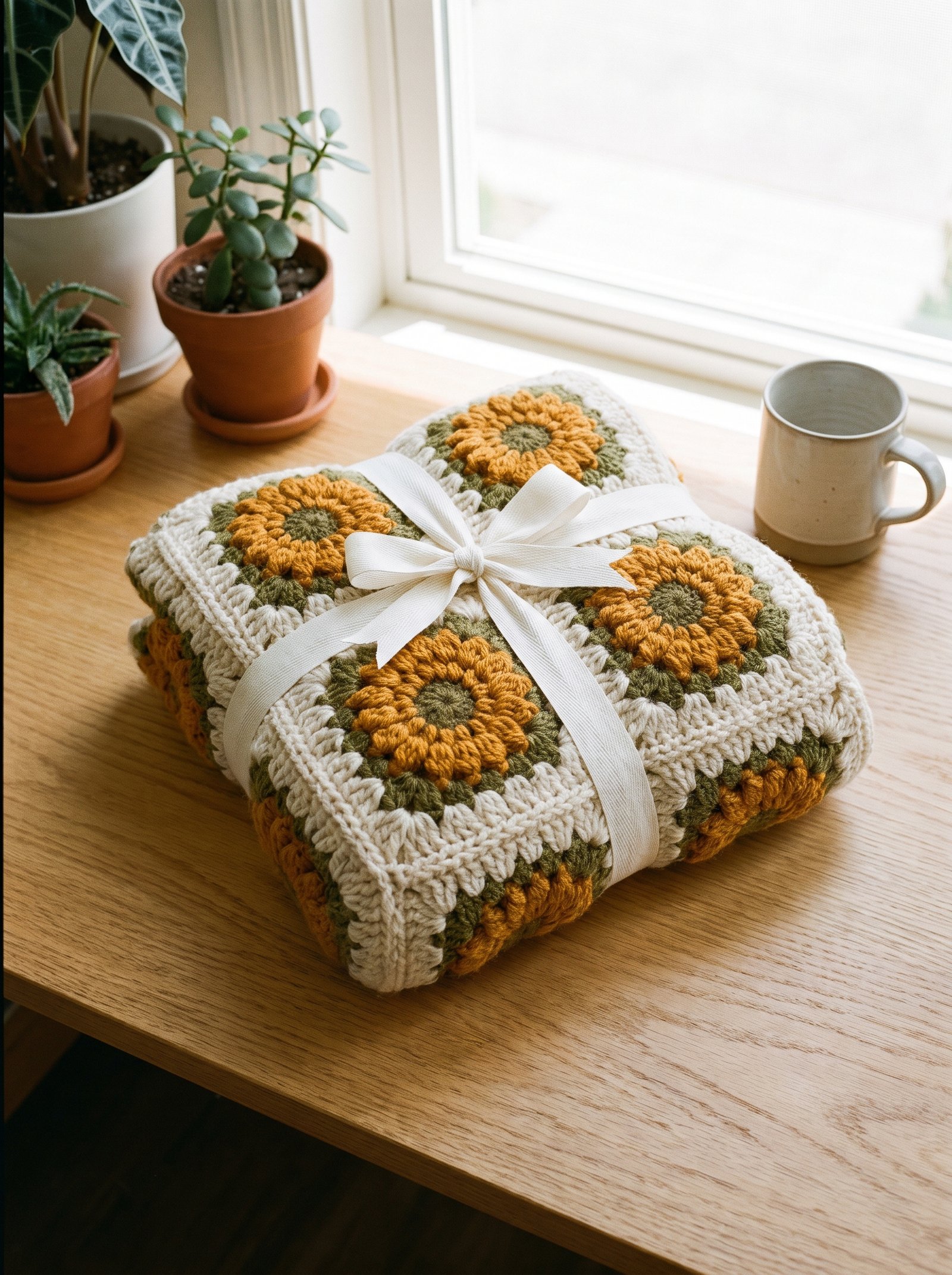 A cheerful folded golden sunflower crochet blanket tied with a cream cotton ribbon resting on a sunny wooden windowsill beside a warm coffee mug