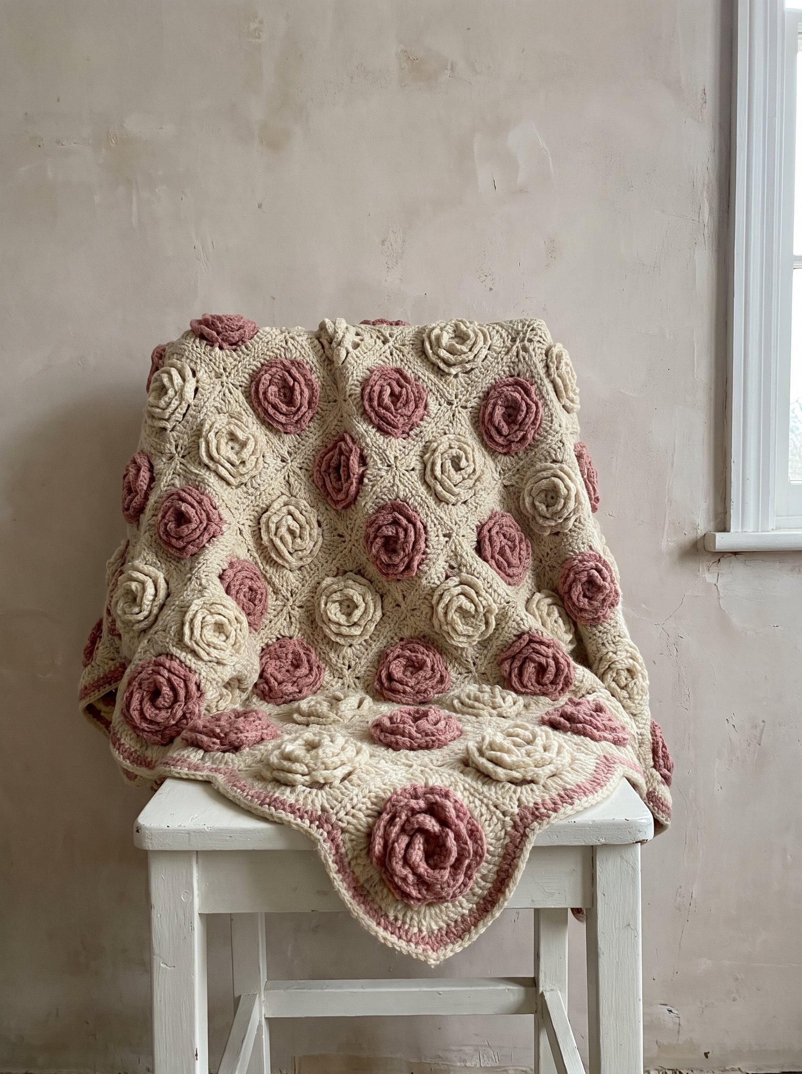 An opulent vintage 3D cabbage rose crochet blanket in antique tea rose and cream draped over a white painted rustic wooden chair