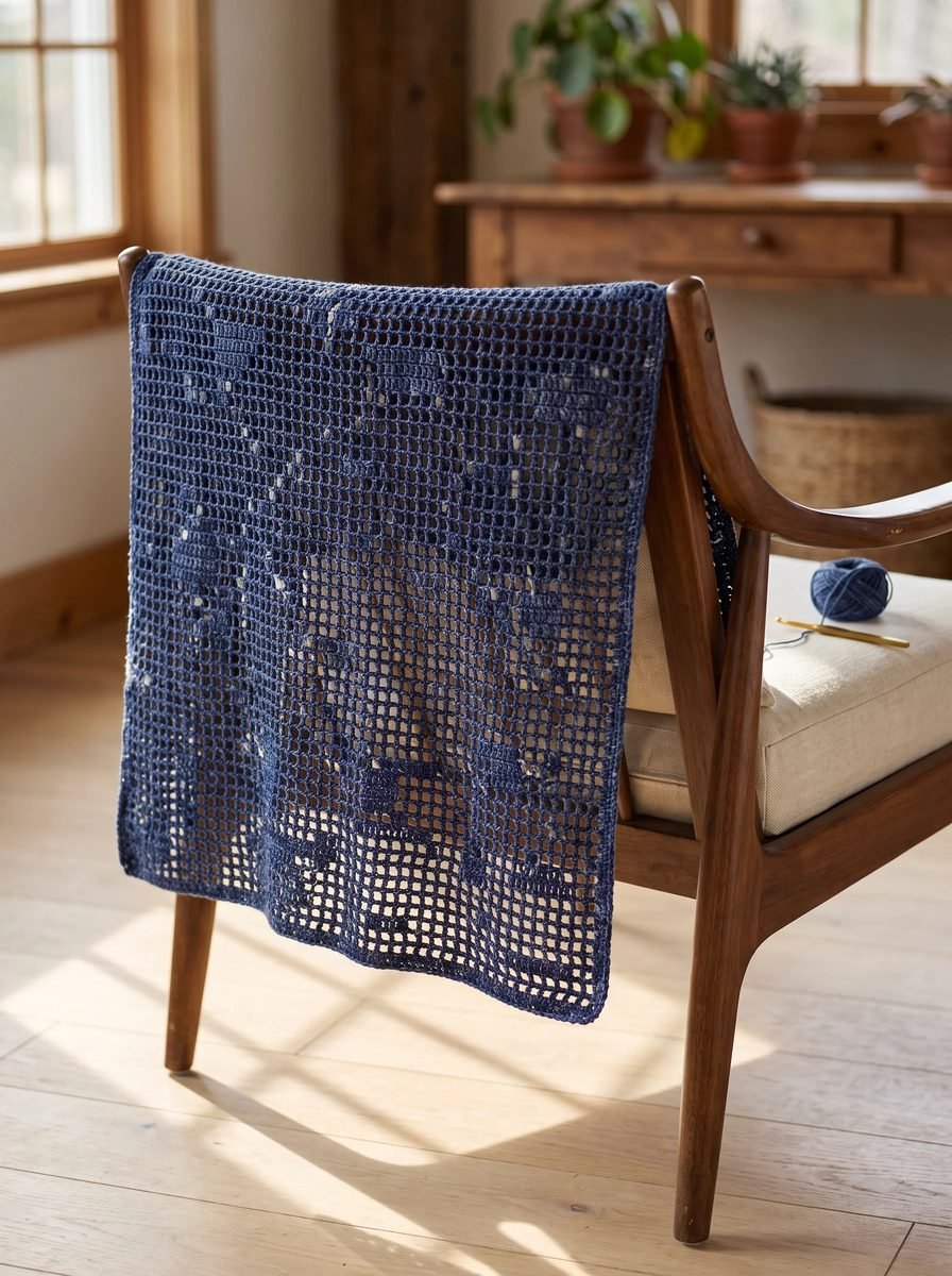 Indigo blue filet crochet throw with a faint repeating motif draped over a walnut armchair in a sunny room
