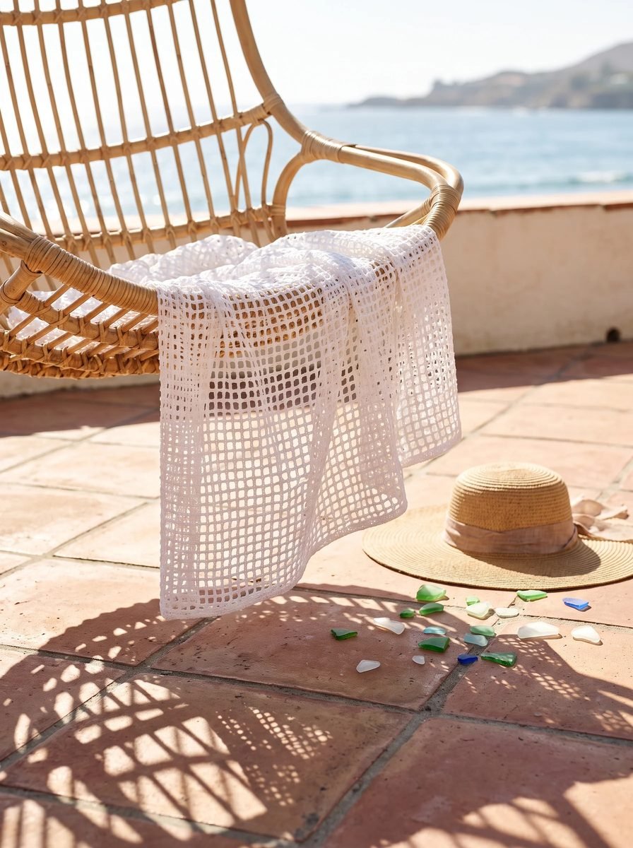 White open mesh crochet throw over a rattan chair on a sunny terrace overlooking the sea with a straw hat on the tiles