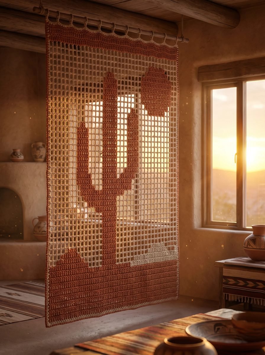 Terracotta and sand filet crochet curtain with a saguaro cactus and sun design hanging from a wooden pole in an adobe room at sunset